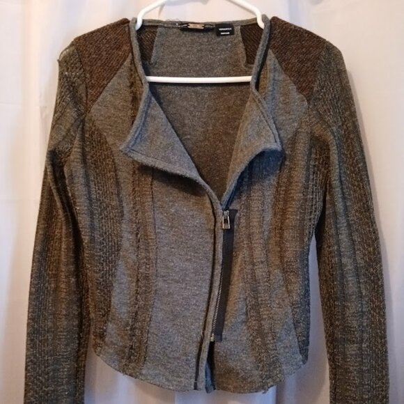 MISS ME Designer Cardigan Sweater women XS Gray Green Brown Crochet & knit ZipUp - Picture 2 of 10